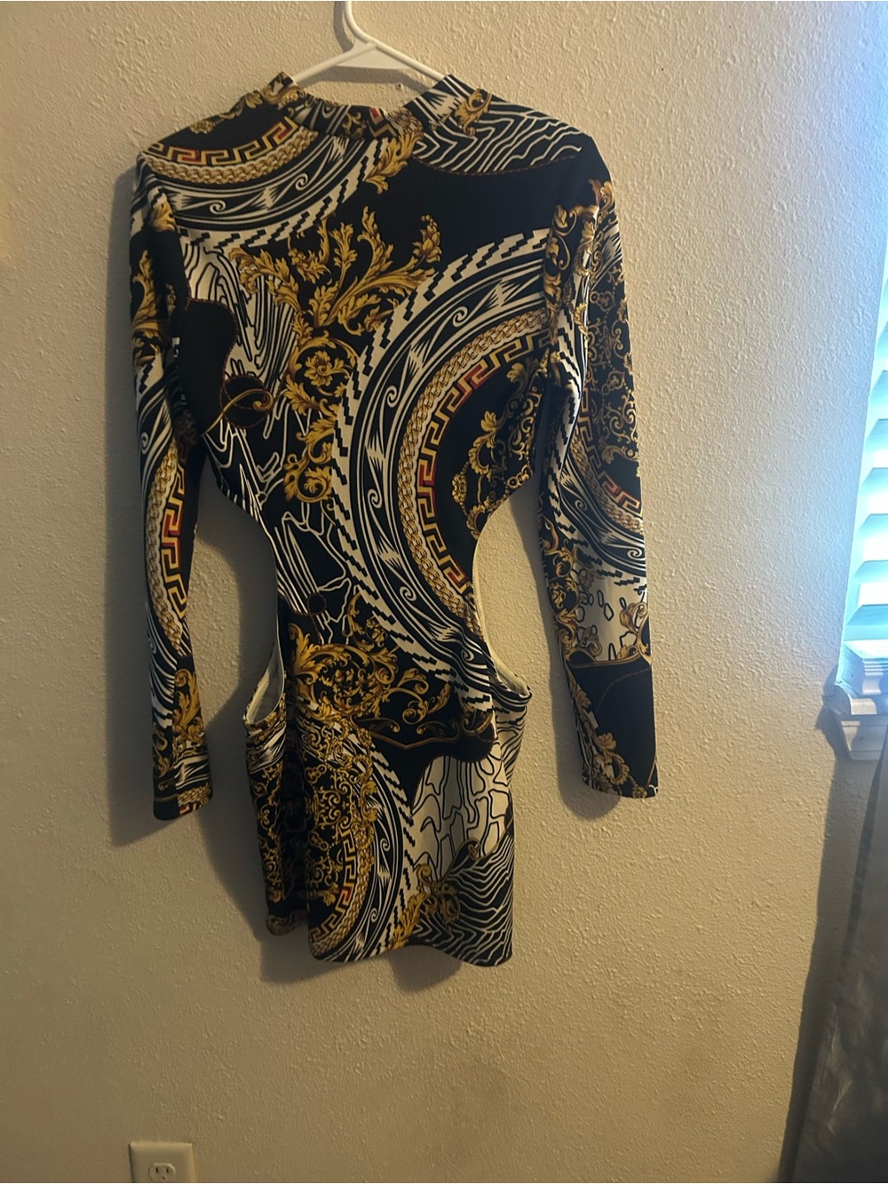 Fashion Nova Black & Gold Baroque-Print Mini Dress
